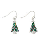 Christmas tree-shaped earrings with colorful decorations on a white background. Available at Be Charmed.
