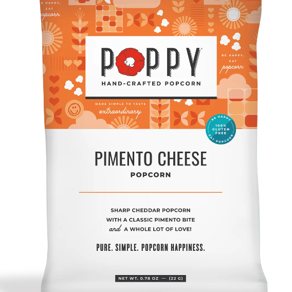 Poppy Handcrafted Popcorn Pimento Cheese Snack Bag featuring bold Southern-style cheddar and pepper flavor in a cheesy, savory gourmet snack, available at Be Charmed