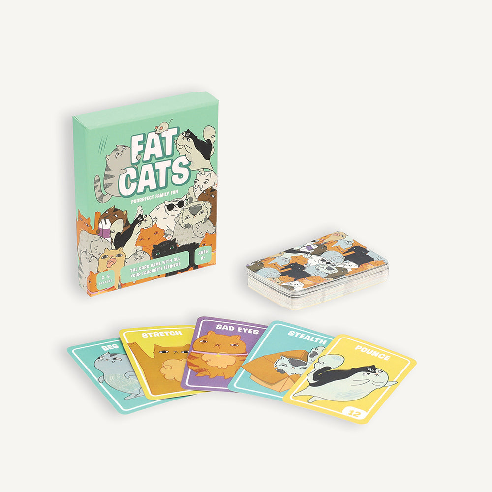 Fat Cats Card Game by Ridley’s – fast-paced strategy game featuring feline billionaires competing to take over the world, fun for families, friends, and game nights, available at Be Charmed.