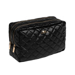 Scout Black Quilted 2‑Way toiletry bag with two zip compartments and upright structure – available at Be Charmed