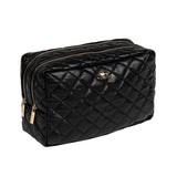 Scout Black Quilted 2‑Way toiletry bag with two zip compartments and upright structure – available at Be Charmed
