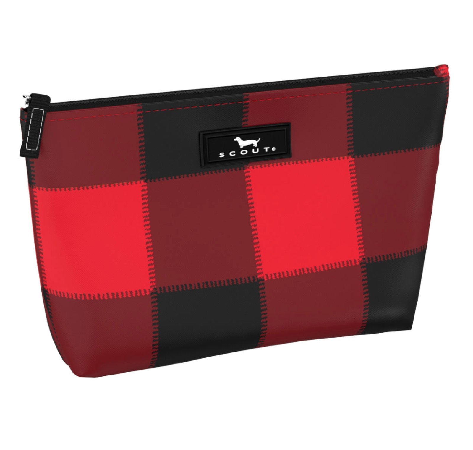 Flannel No 5 SCOUT Twiggy Slim Makeup Bag – 8.25″W × 5″H × 2.25″D water‑resistant coated cotton pouch with full zip closure and slim profile. Available at Be Charmed
