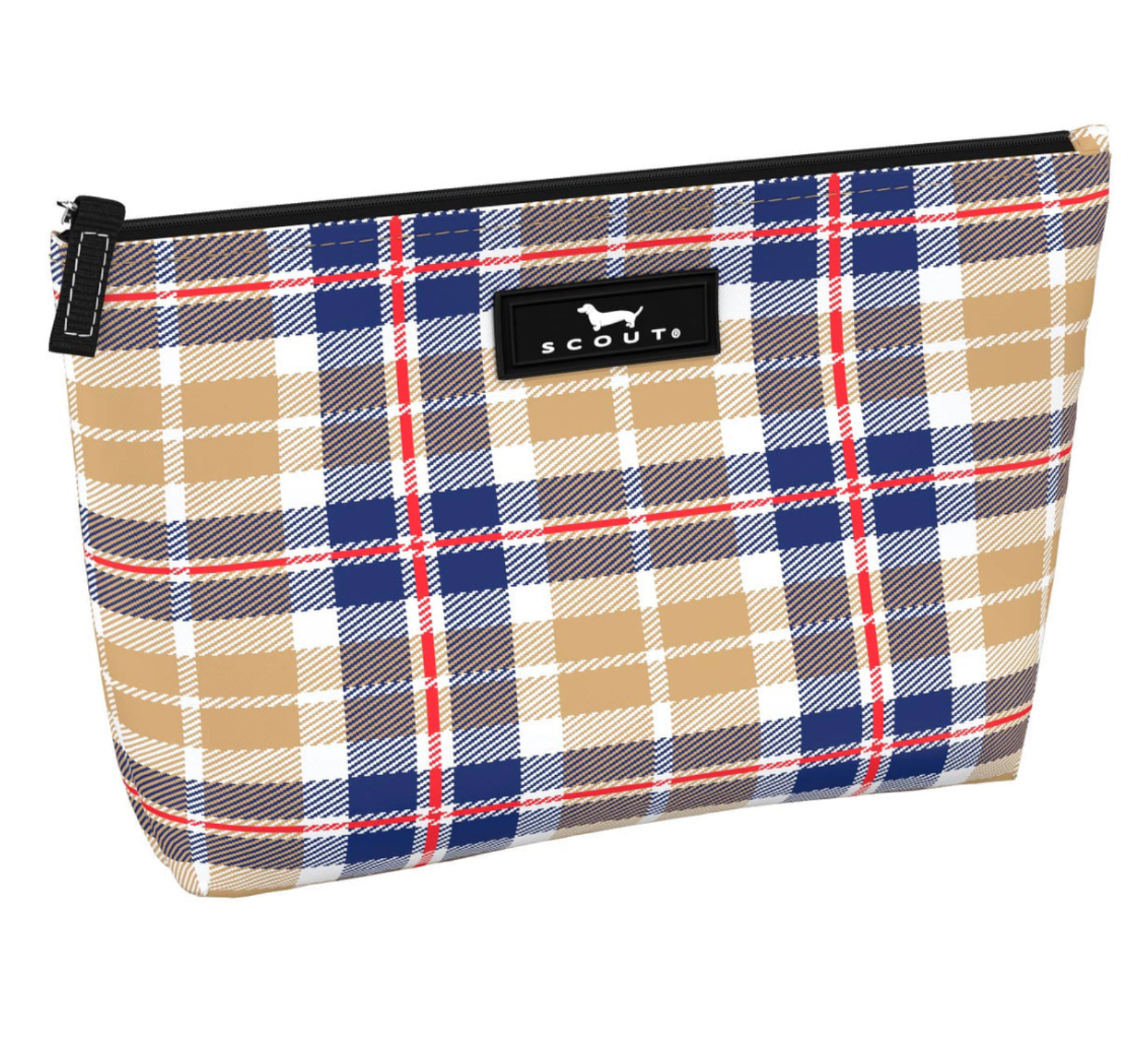 Kilted Age SCOUT Twiggy Slim Makeup Bag – 8.25″W × 5″H × 2.25″D water‑resistant coated cotton pouch with full zip closure and slim profile. Available at Be Charmed