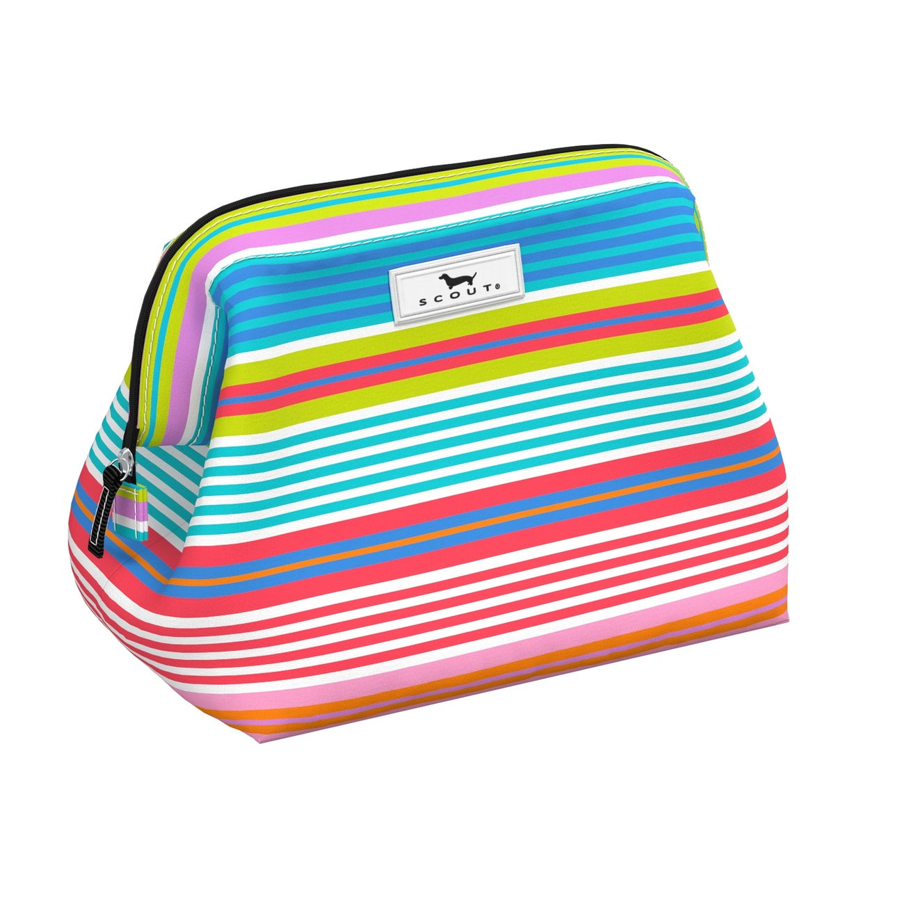 A Scout striped cosmetic bag with multiple colors, featuring a wire frame design. Available at Be Charmed