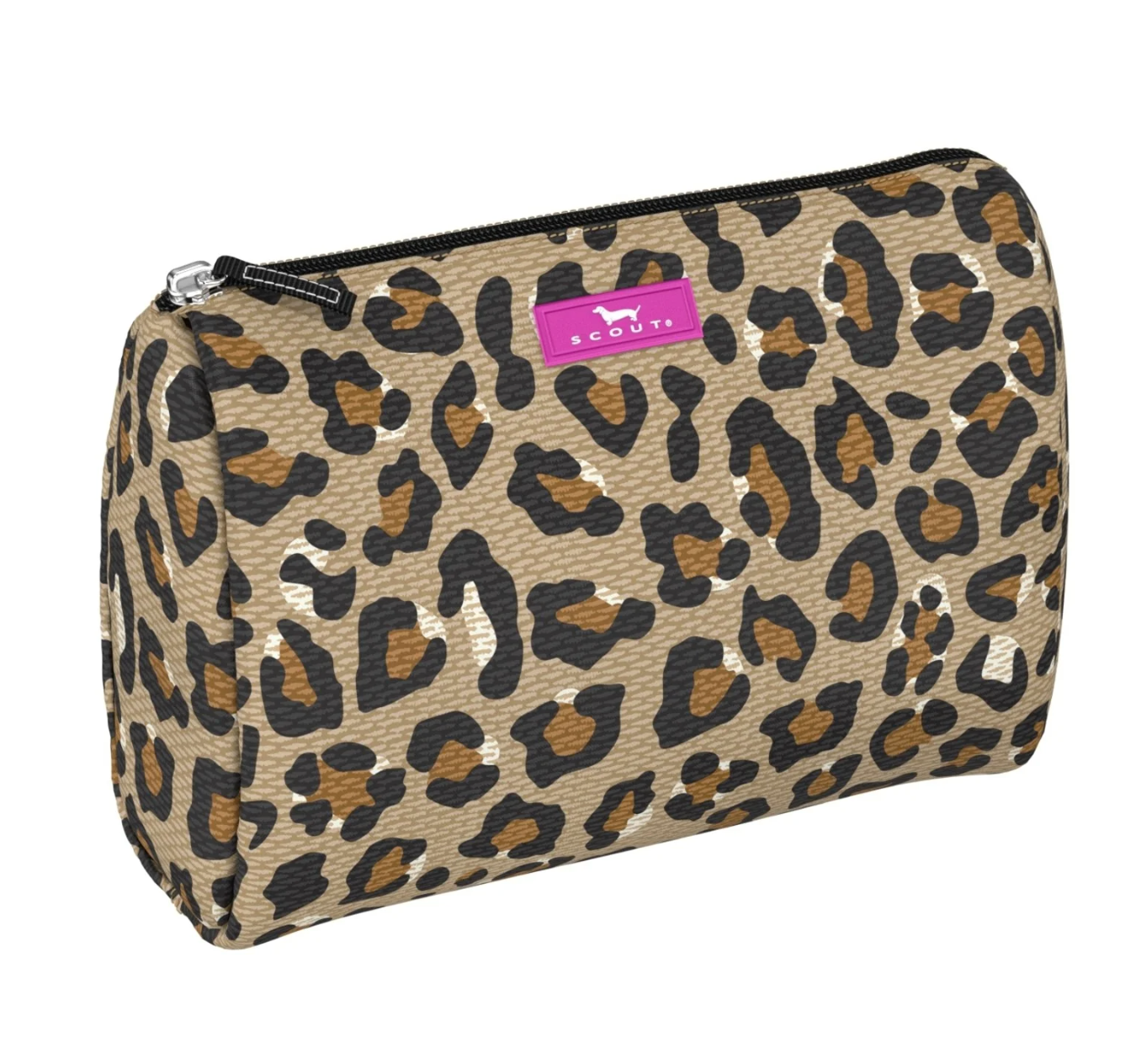 Cindy Clawford SCOUT Packin’ Heat Cosmetic Bag — 9.75″W × 7″H × 3.75″D coated cotton travel pouch with interior slip pocket, water‑resistant and slim profile. Available at Be Charmed