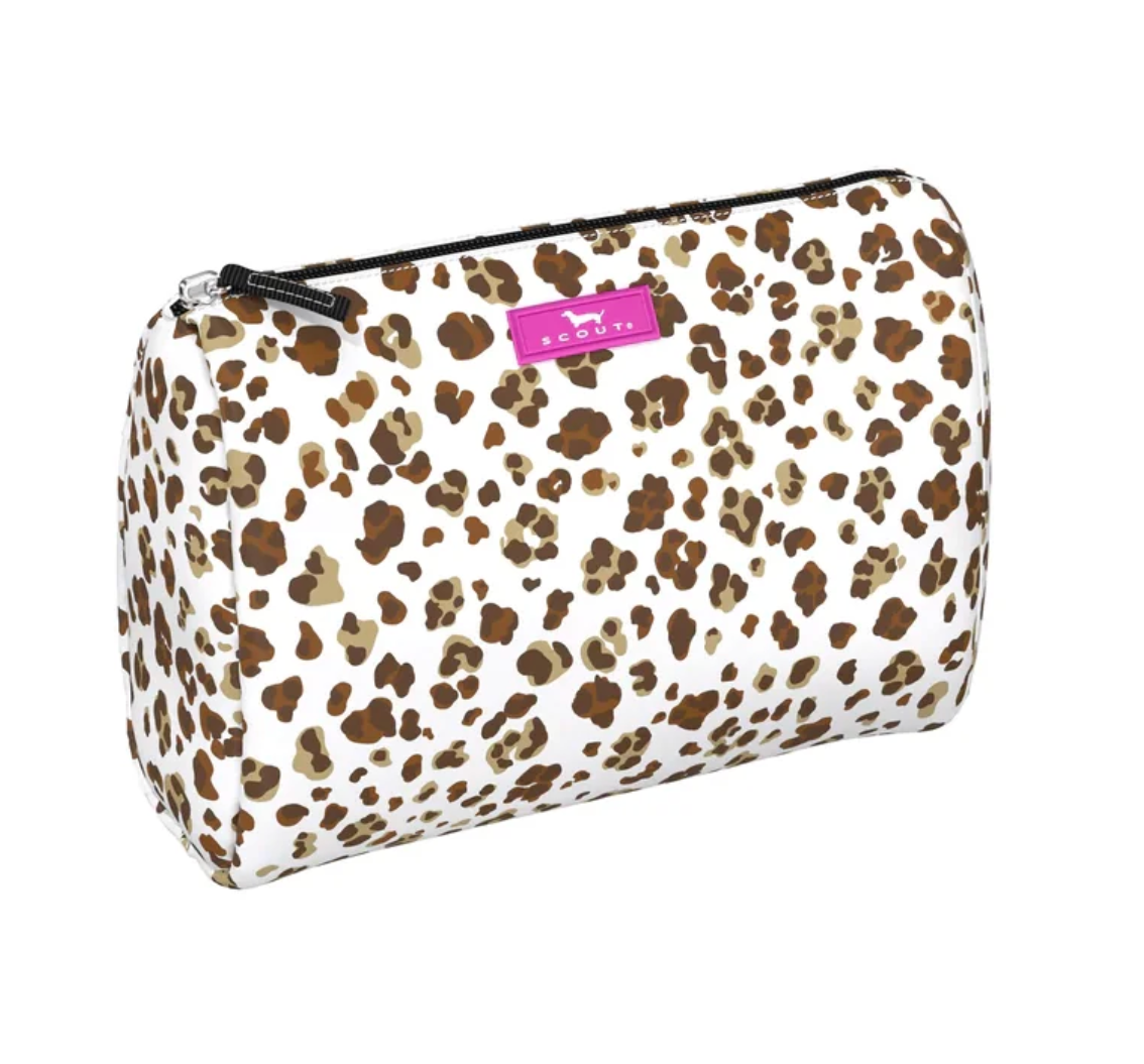 Faux Paw SCOUT Packin’ Heat Cosmetic Bag — 9.75″W × 7″H × 3.75″D coated cotton travel pouch with interior slip pocket, water‑resistant and slim profile. Available at Be Charmed