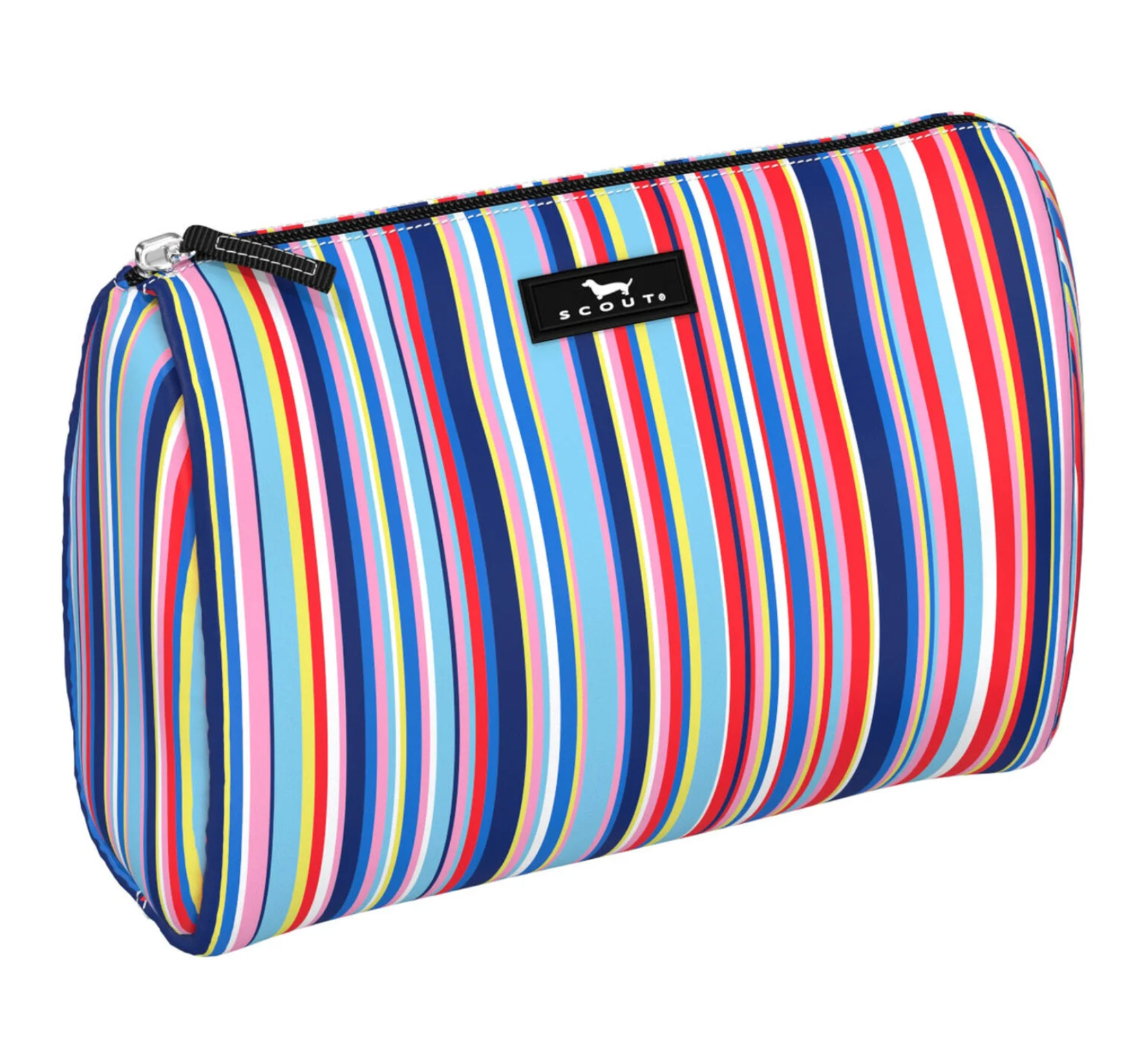 Line and Dandy SCOUT Packin’ Heat Cosmetic Bag — 9.75″W × 7″H × 3.75″D coated cotton travel pouch with interior slip pocket, water‑resistant and slim profile. Available at Be Charmed