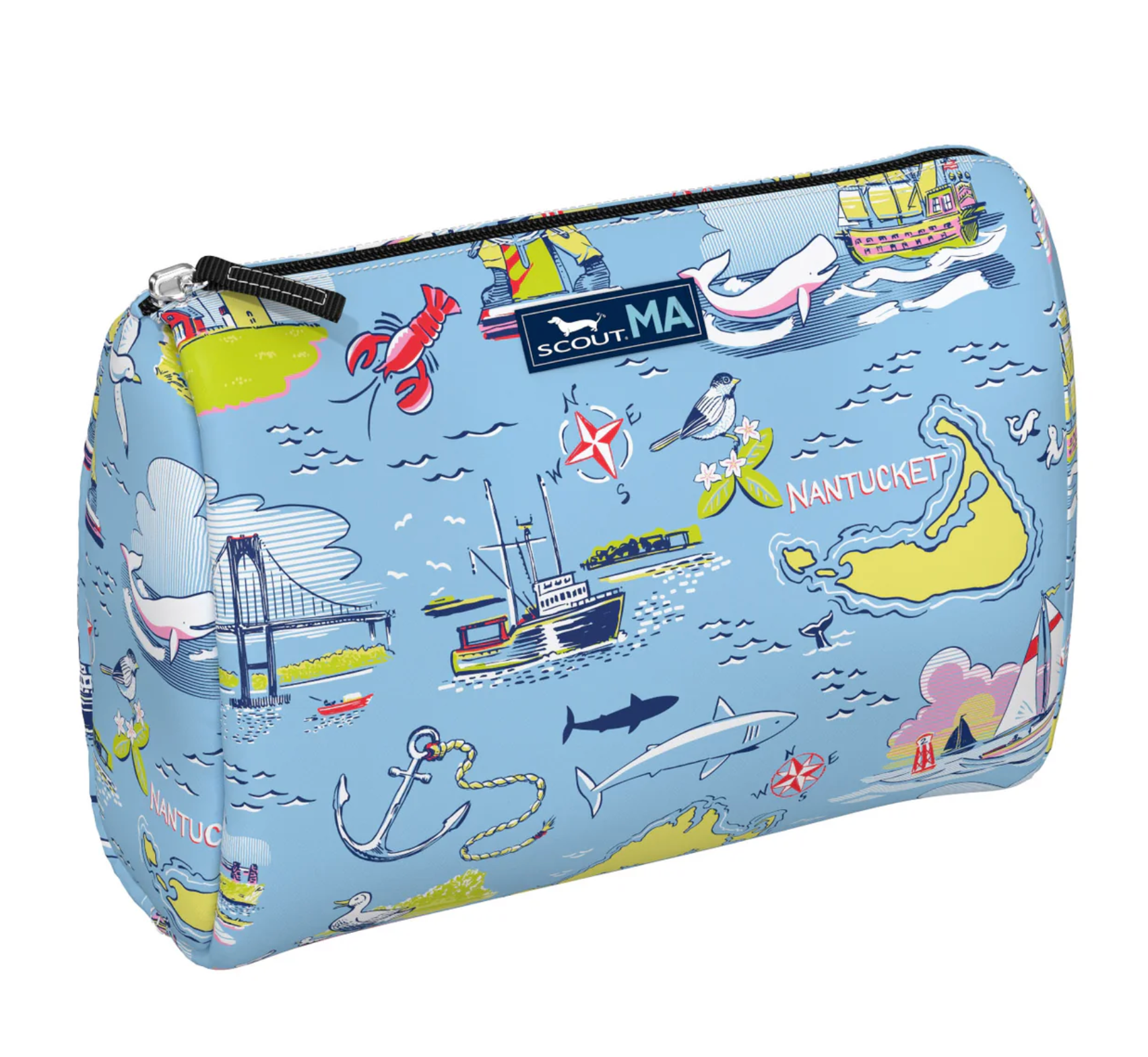 Massachusetts SCOUT Packin’ Heat Cosmetic Bag — 9.75″W × 7″H × 3.75″D coated cotton travel pouch with interior slip pocket, water‑resistant and slim profile. Available at Be Charmed