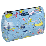 Massachusetts SCOUT Packin’ Heat Cosmetic Bag — 9.75″W × 7″H × 3.75″D coated cotton travel pouch with interior slip pocket, water‑resistant and slim profile. Available at Be Charmed