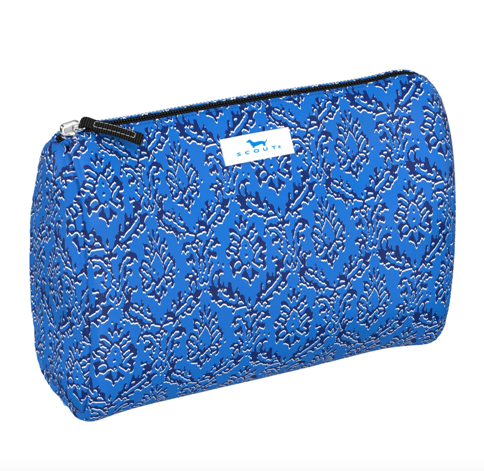 Merci Beau Blue SCOUT Packin’ Heat Cosmetic Bag — 9.75″W × 7″H × 3.75″D coated cotton travel pouch with interior slip pocket, water‑resistant and slim profile. Available at Be Charmed
