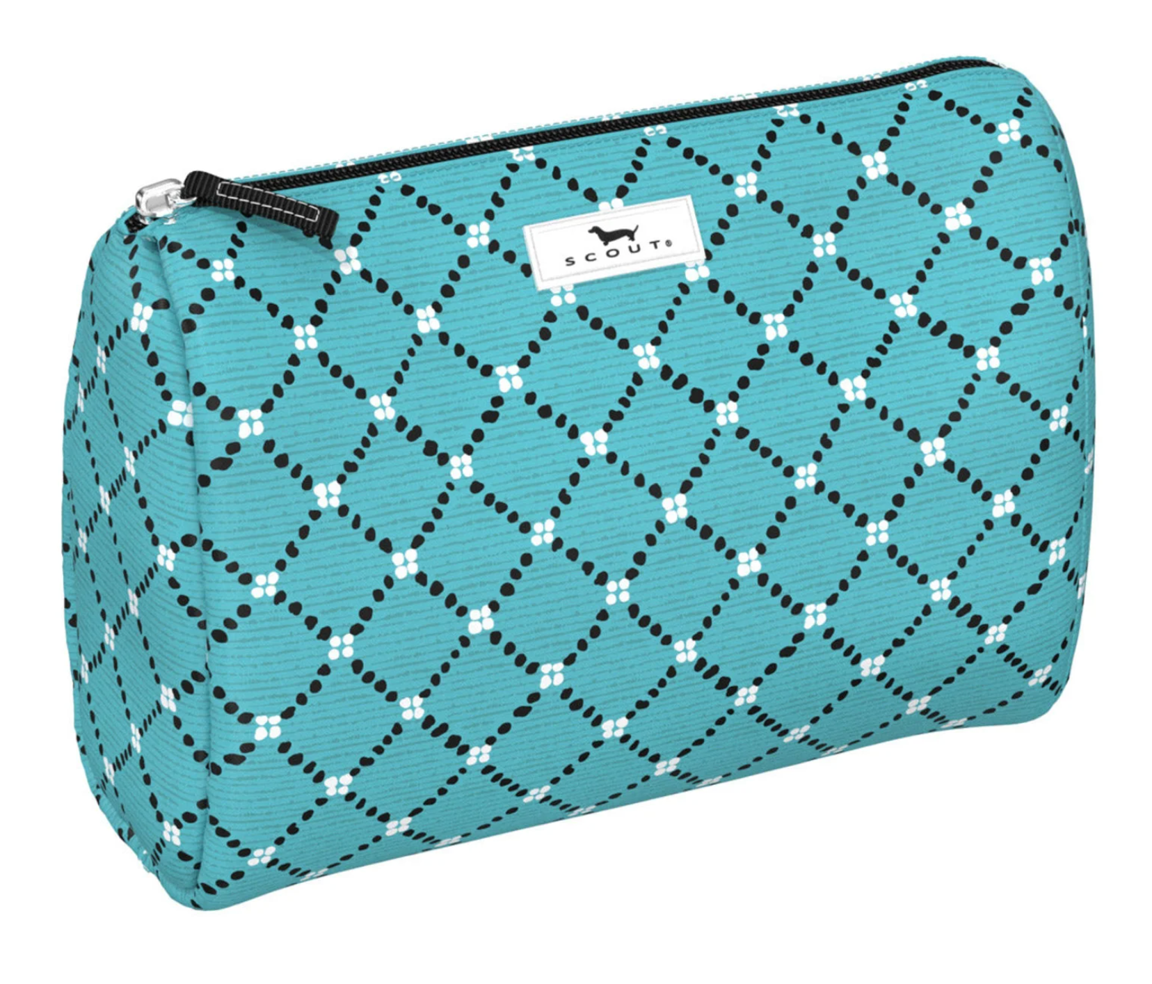 Stitch Please SCOUT Packin’ Heat Cosmetic Bag — 9.75″W × 7″H × 3.75″D coated cotton travel pouch with interior slip pocket, water‑resistant and slim profile. Available at Be Charmed