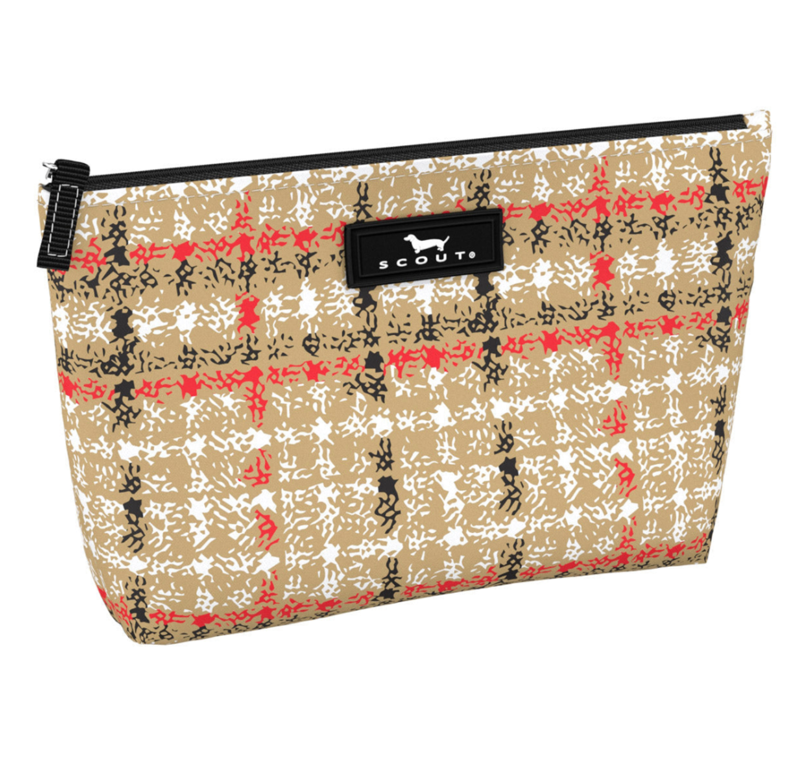 Plaidison Avenue SCOUT Twiggy Slim Makeup Bag – 8.25″W × 5″H × 2.25″D water‑resistant coated cotton pouch with full zip closure and slim profile. Available at Be Charmed