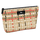 Plaidison Avenue SCOUT Twiggy Slim Makeup Bag – 8.25″W × 5″H × 2.25″D water‑resistant coated cotton pouch with full zip closure and slim profile. Available at Be Charmed
