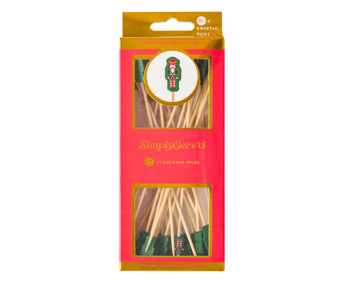 Box of Nutcracker large cocktail picks (6″ wood party toothpicks) – available at Be Charmed