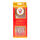 Red packaging of Simply Serv'd cocktail picks with a Santa Claus design on a white background. Available at Be Charmed