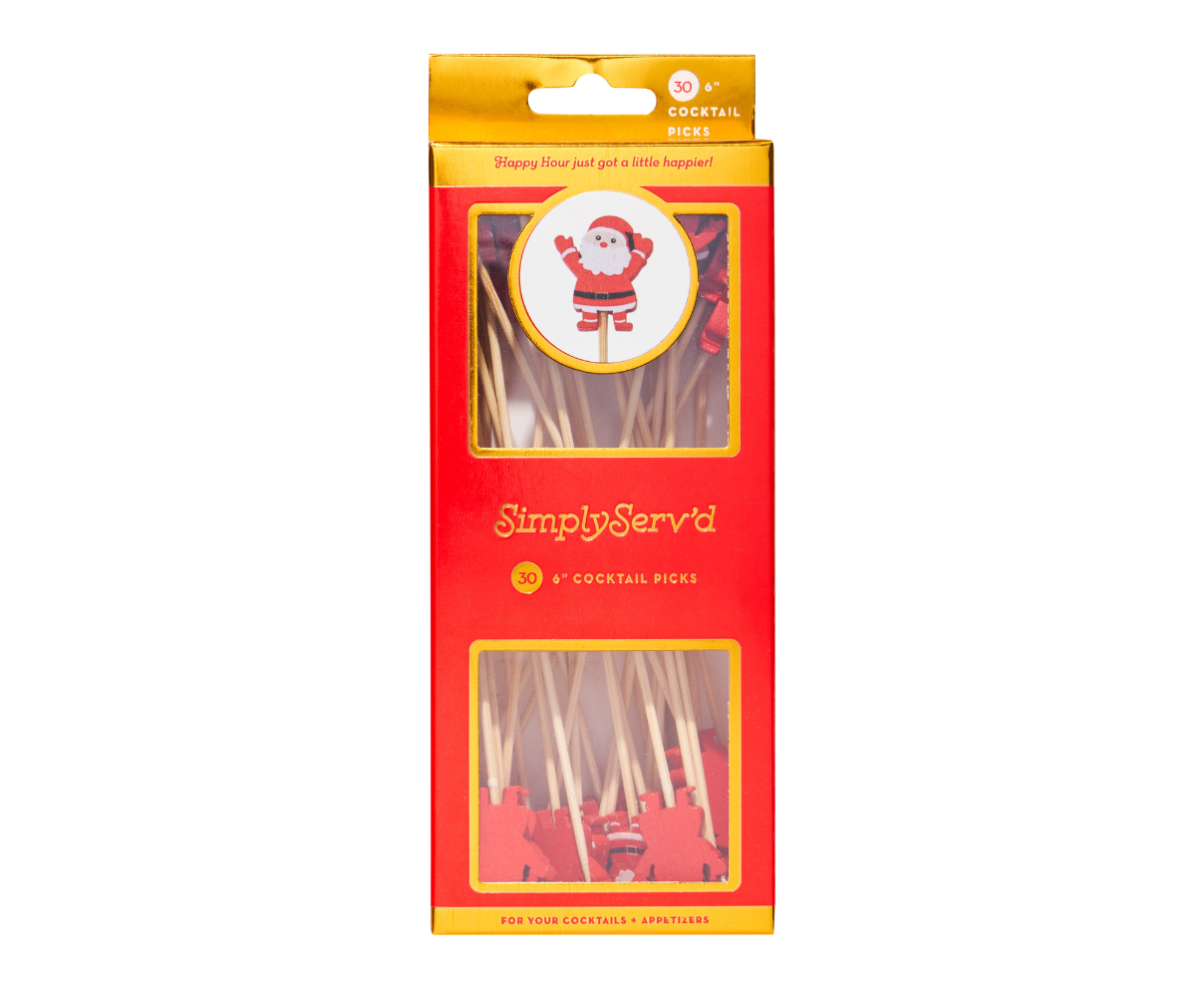 Red packaging of Simply Serv'd cocktail picks with a Santa Claus design on a white background. Available at Be Charmed