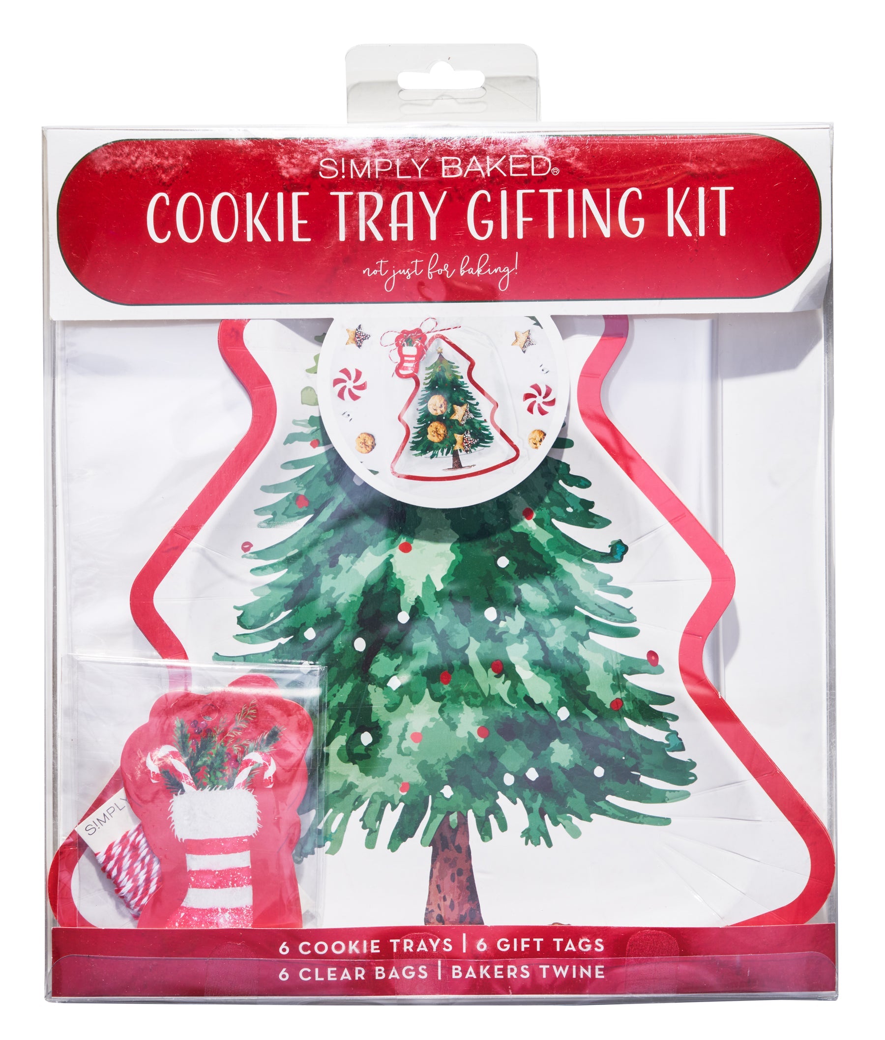 Cookie tray gifting kit packaging with Christmas tree and gift bag design. Available at Be Charmed