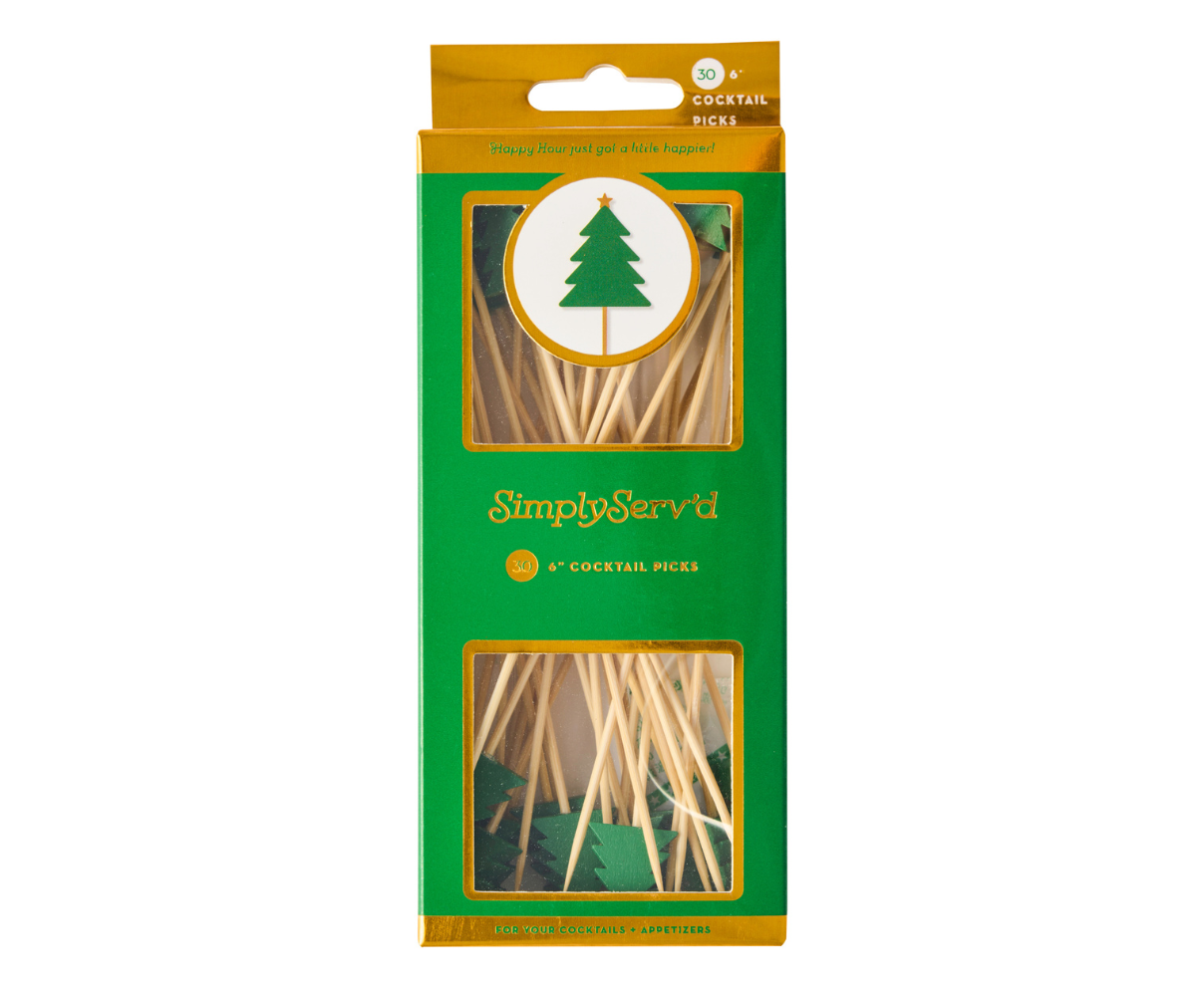 Sophistiplate large cocktail picks with Christmas tree toppers (6″ wood) – available at Be Charmed