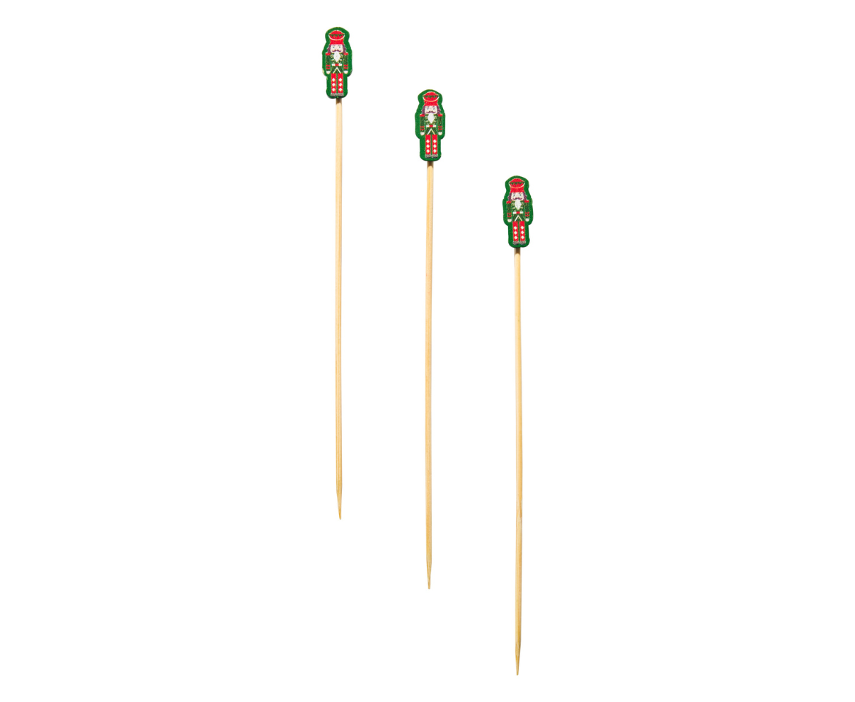 Close up of Nutcracker large cocktail picks (6″ wood party toothpicks) – available at Be Charmed