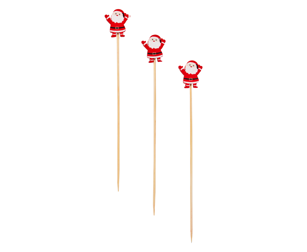 Three decorative sticks with Santa Claus figures on a white background. Available at Be Charmed