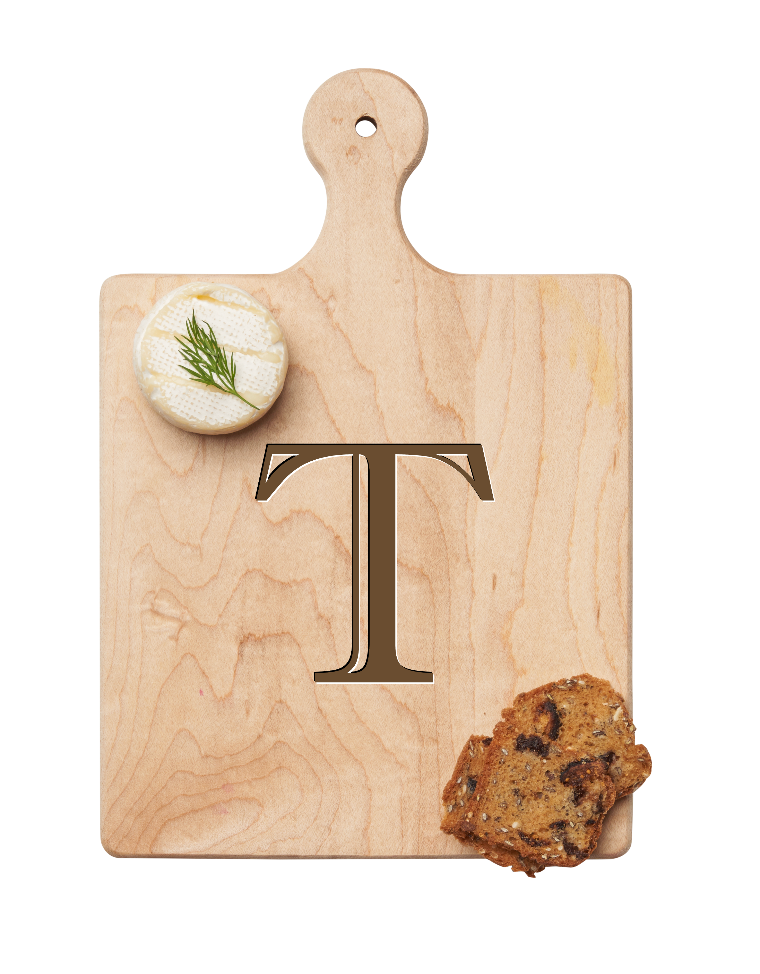 Maple Leaf 9x6 Initial Board T with Spreader. Personalized wooden serving board with monogram design. Perfect gift. Available at Be Charmed.