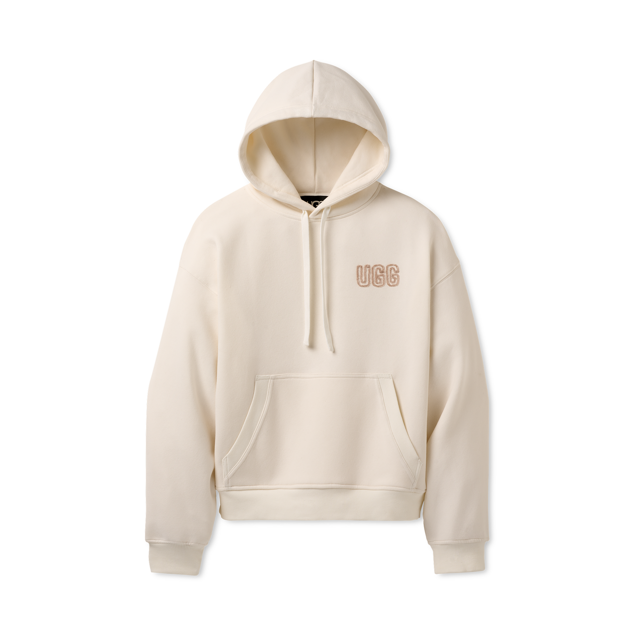 Beige hoodie with 'UGG' logo on a white background. Available at Be Charmed.