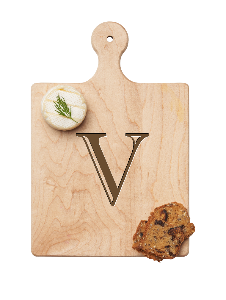 Maple Leaf 9x6 Initial Board  V with Spreader. Personalized wooden serving board with monogram design. Perfect gift. Available at Be Charmed.