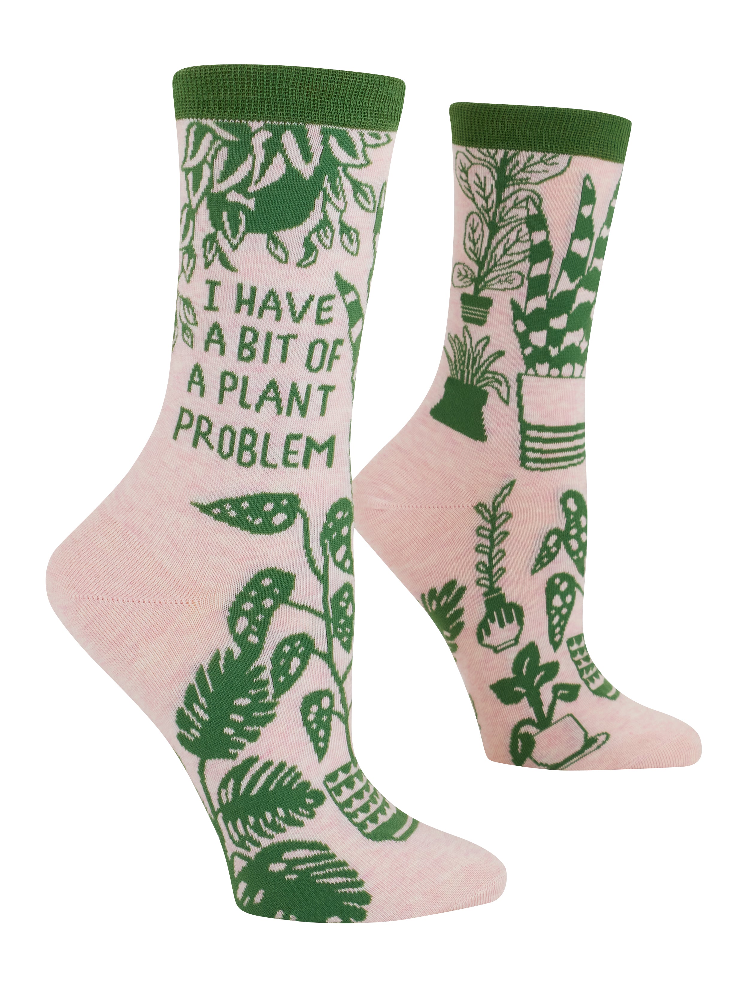 Pink socks with green plant designs and text on a white background. Available at Be Charmed