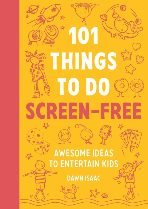 Book cover of '101 Things to Do Screen-Free' with illustrations and text on a yellow and red background. Available at Be Charmed