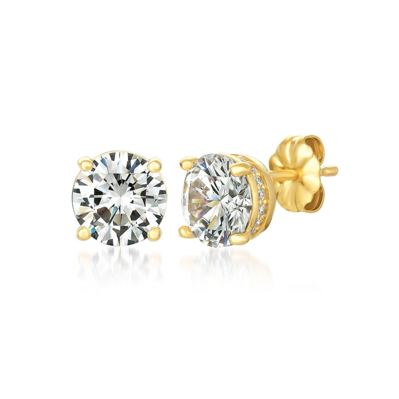 Gold stud earrings with clear gemstones on a white background. Available at Be Charmed
