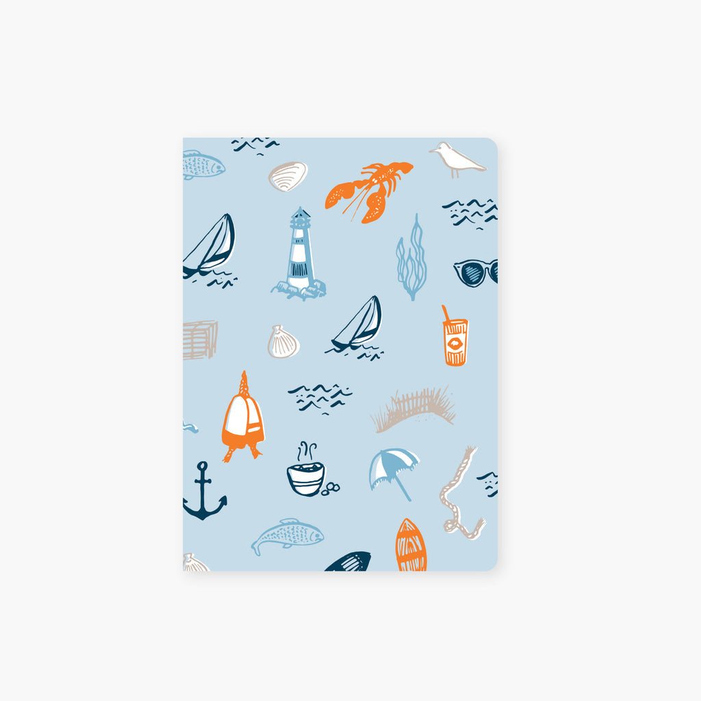 2021 Co. pocket journal featuring a New England-inspired pattern with coastal and regional icons—perfect for on-the-go notes, at Be Charmed.