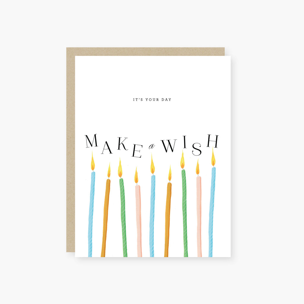 2021 Co "Make A Wish" Candles Birthday Card featuring a whimsical design with colorful candles, available at Be Charmed.