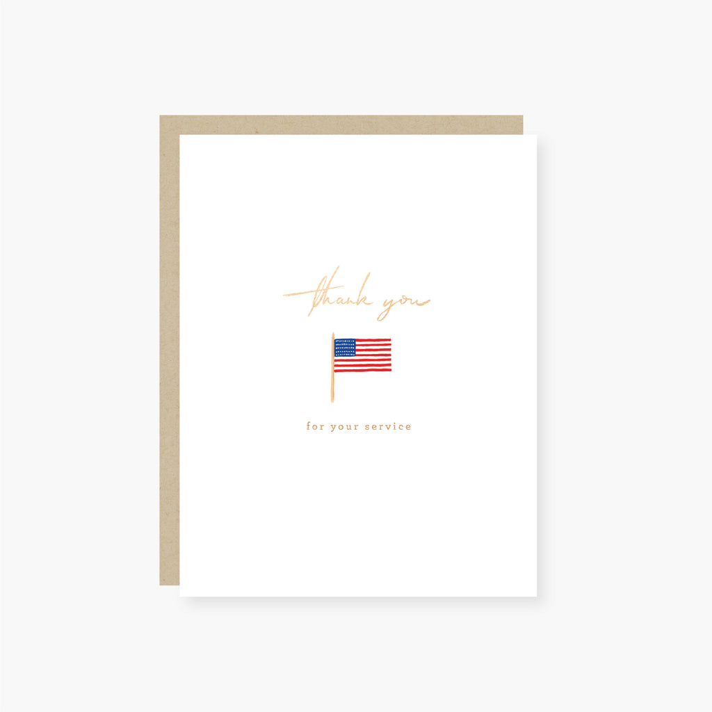 2021 Co. Veterans Day Thank You Card featuring a gold foil American flag and "Thank You" inscription on premium cardstock, available at Be Charmed