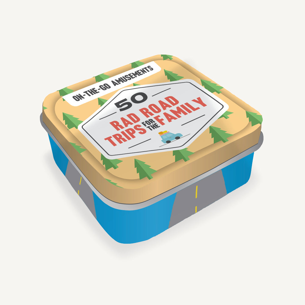 50 Road Trips game tin by On-the-Go Amusements – compact travel deck with fun prompts and destination ideas for road trips, perfect for families or couples on the go, available at Be Charmed.