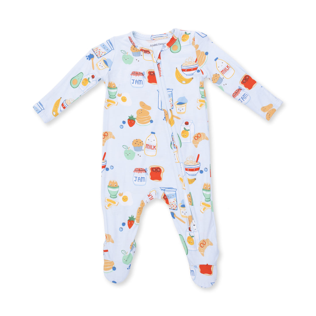 An Angel Dear baby long-sleeve footed sleeper in blue with a colorful breakfast-themed print featuring illustrations of eggs, pancakes, toast, milk, avocado, and bananas. Available at Be Charmed
