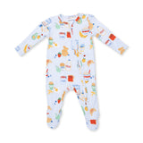 An Angel Dear baby long-sleeve footed sleeper in blue with a colorful breakfast-themed print featuring illustrations of eggs, pancakes, toast, milk, avocado, and bananas. Available at Be Charmed