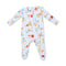 An Angel Dear baby long-sleeve footed sleeper in blue with a colorful breakfast-themed print featuring illustrations of eggs, pancakes, toast, milk, avocado, and bananas. Available at Be Charmed