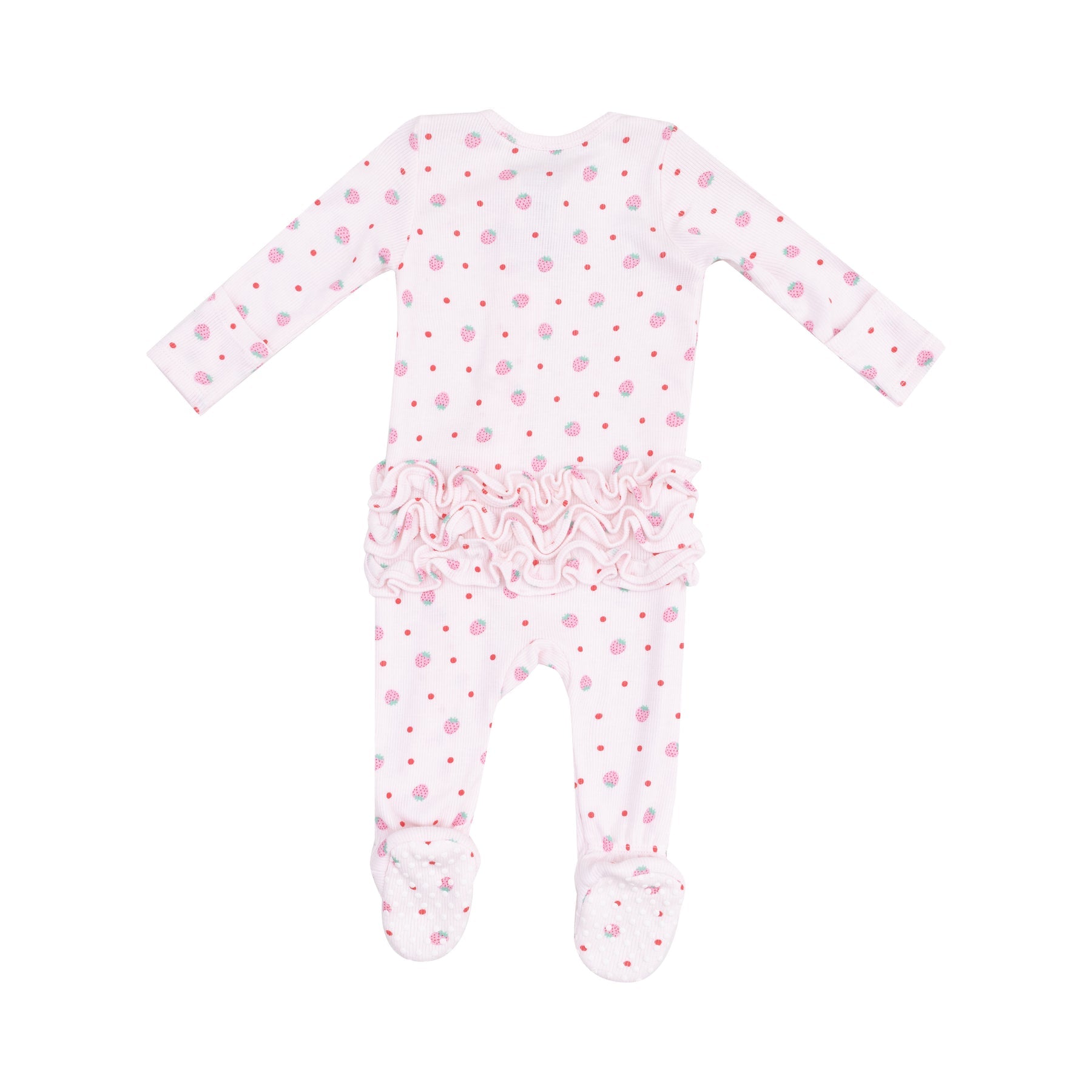 Back of Angel Dear Strawberry Swiss 2 Way Zipper Ruffle Footie 