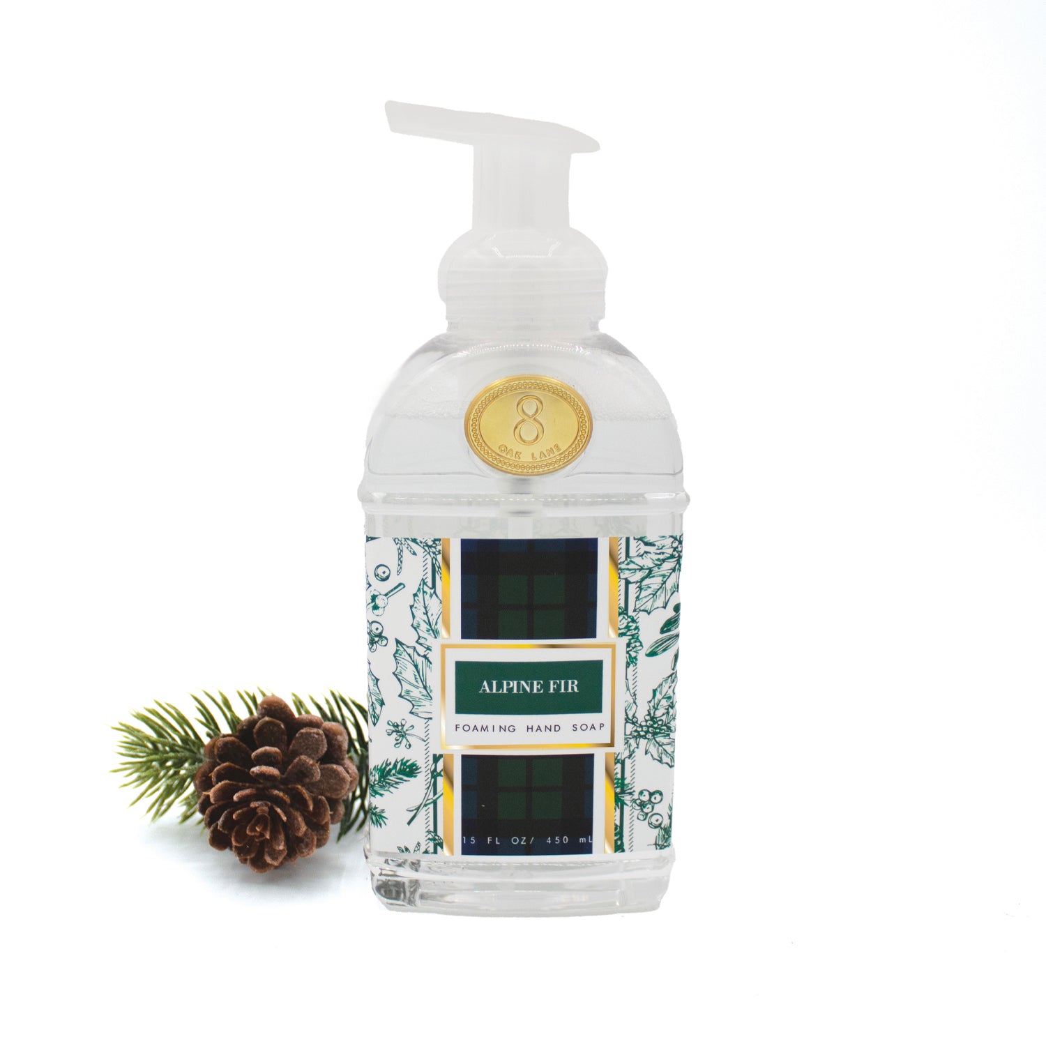 8 Oak Lane Foaming Hand Soap Alpine Fir – refreshing pine-scented cleanser, perfect for holiday kitchens or guest bathrooms. Available at Be Charmed