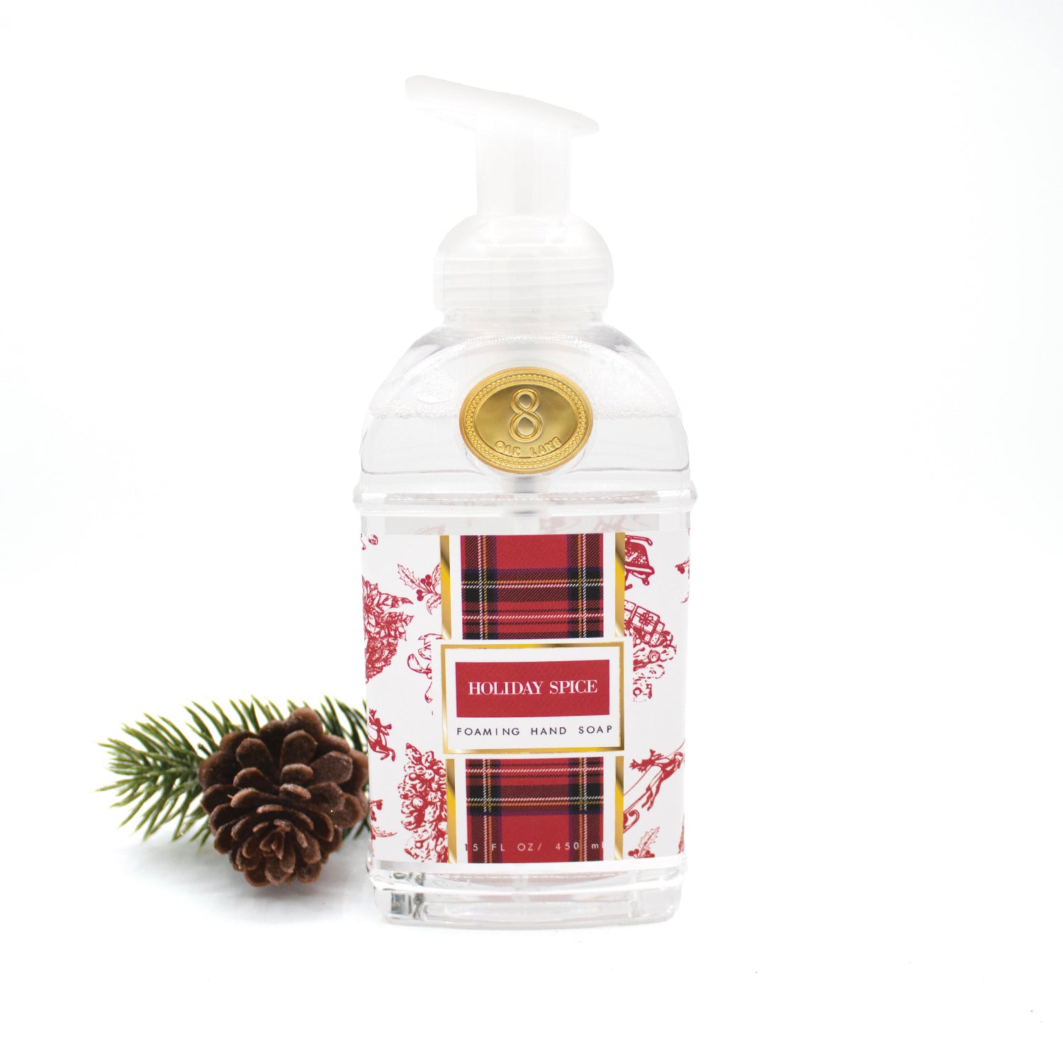 8 Oak Lane Foaming Hand Soap Festive Spice – gentle cleanser with warm holiday fragrance, ideal for kitchens or guest baths. Available at Be Charmed