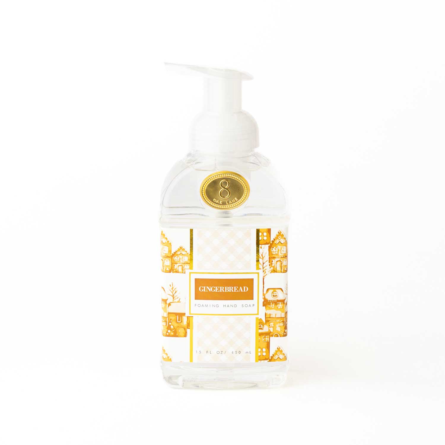 8 Oak Lane Foaming Hand Soap Gingerbread – warm spiced holiday cleanser, perfect for kitchens, guest baths, or festive gifting. Available at Be Charmed