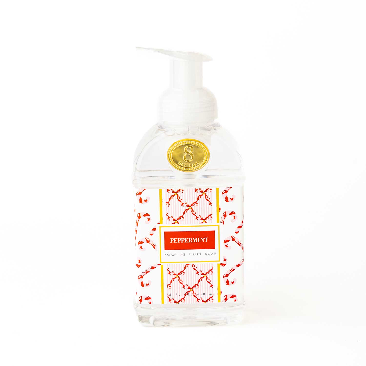 8 Oak Lane Foaming Hand Soap Peppermint – refreshing holiday cleanser with cool mint fragrance, ideal for kitchens or guest baths. Available at Be Charmed