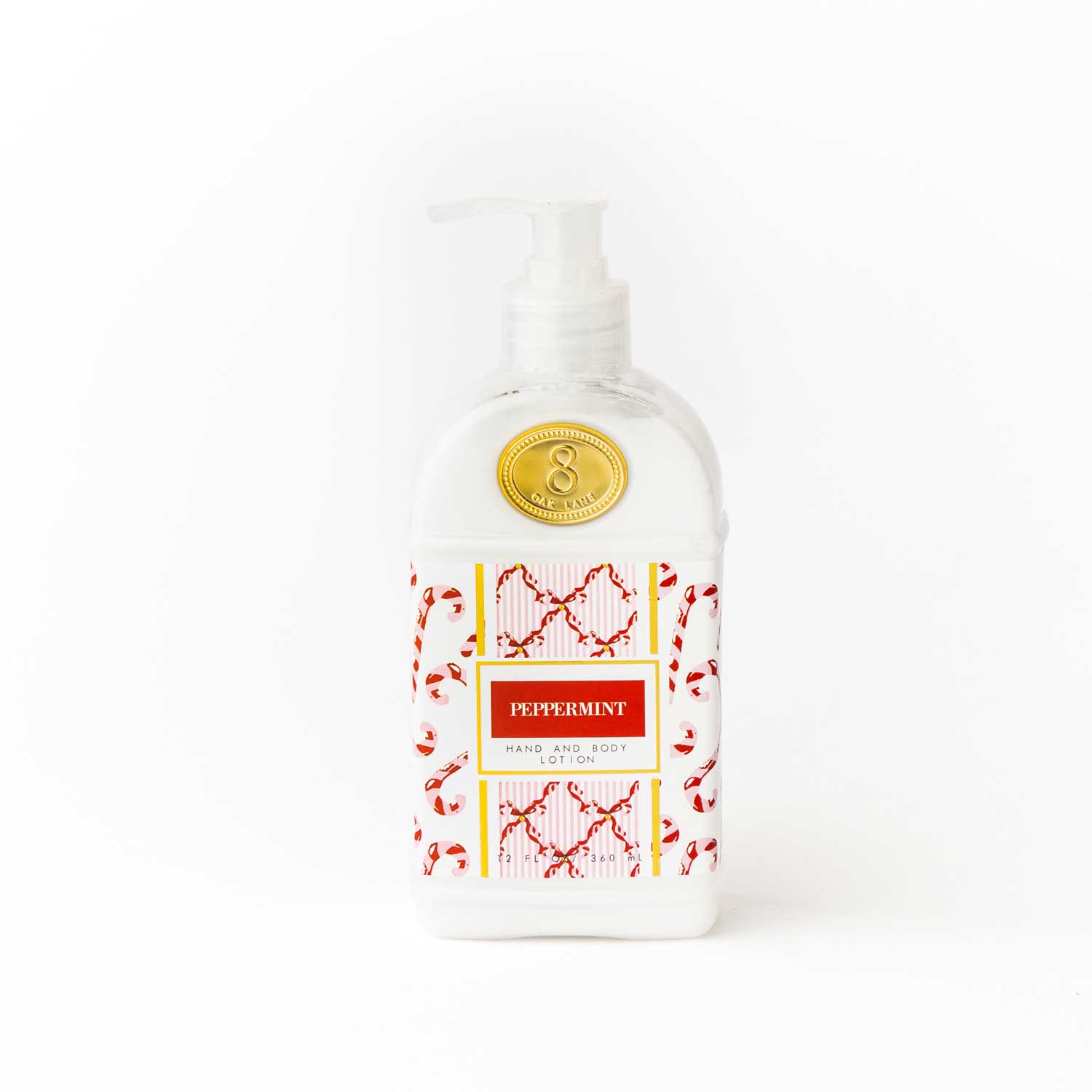 8 Oak Lane Hand & Body Lotion Peppermint – nourishing lotion with refreshing holiday mint scent, perfect for gifting. Available at Be Charmed