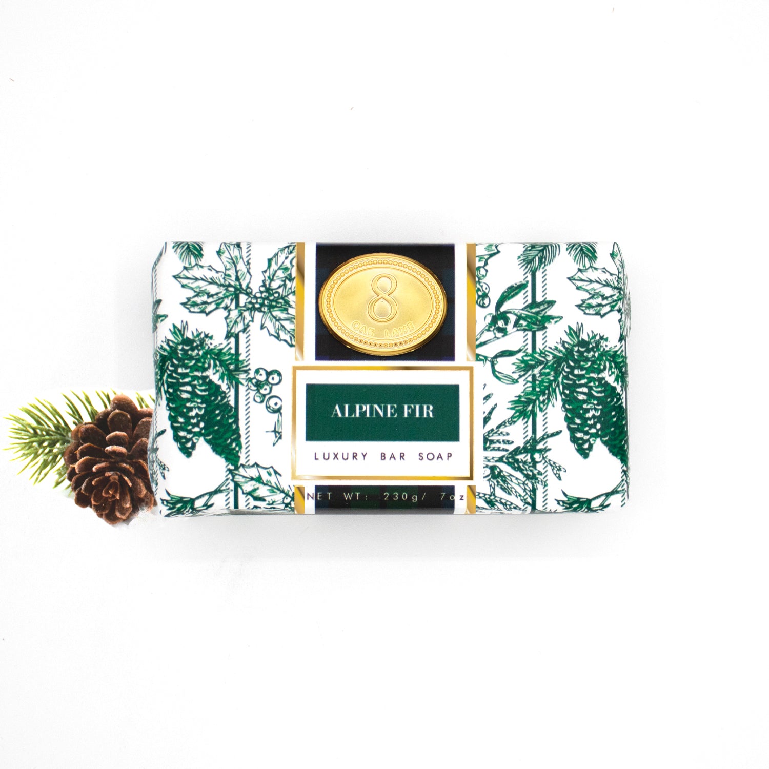 8 Oak Lane Wrapped Bar Soap Alpine Fir – fresh pine-scented soap bar, perfect for holiday gifting or guest bathrooms. Available at Be Charmed