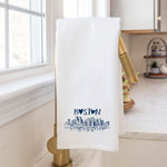 Rustic Marlin Boston Heart Skyline Tea Towel in Navy Draped over gold faucet