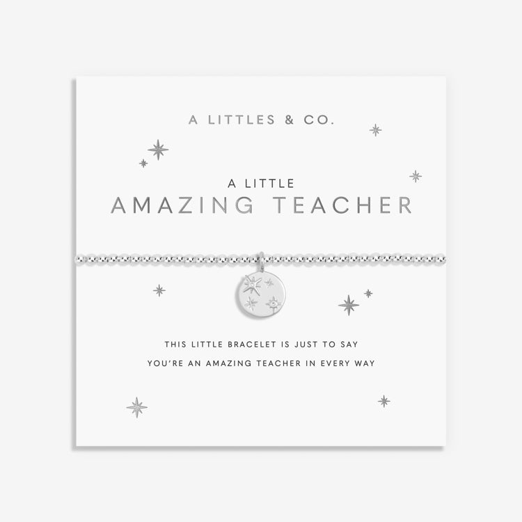 Bracelet with a teacher charm on a white card with text, featuring 'A Littles & Co.' branding .Available at Be Charmed