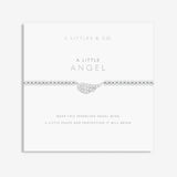 Silver angel wing necklace on a white card with 'A Littles & Co' branding. Available at Be Charmed