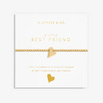 Displayed on card Gold Best Friend stretch bracelet by A Littles & Co with heart charm – Available at Be Charmed