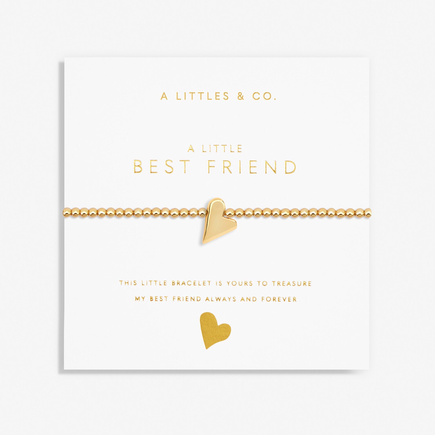 Displayed on card Gold Best Friend stretch bracelet by A Littles & Co with heart charm – Available at Be Charmed