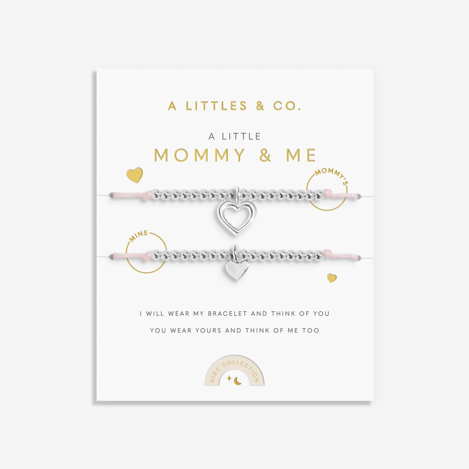 Silver bracelet set with heart charms on a white background, featuring 'A Littles & Co.' branding. Available at Be Charmed